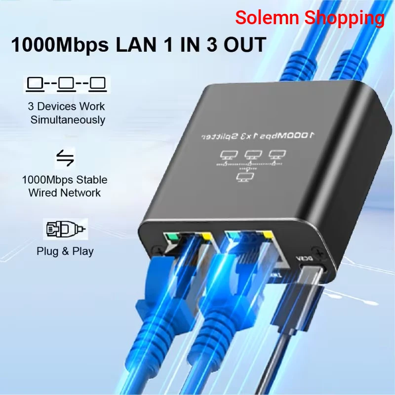 Gigabit 3-Port POE Ethernet Splitter 1-To-3 Network Distributor 1000Mbps High-Speed RJ45 Switch with USB-C Power Cable