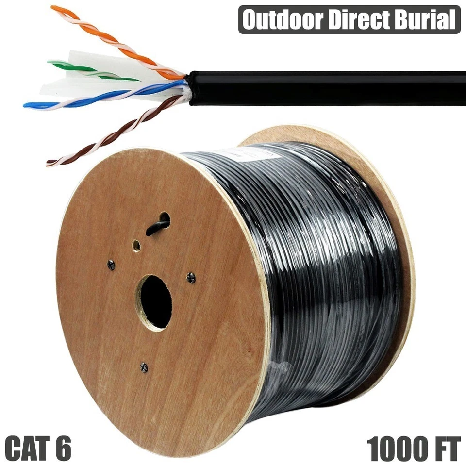 1000FT CAT6 Outdoor Direct Burial Ethernet LAN Network Bulk Cable UTP Solid Wire